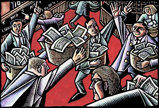 old fashioned stock market trading floor with baskets of stock certificates and traders gesturing.