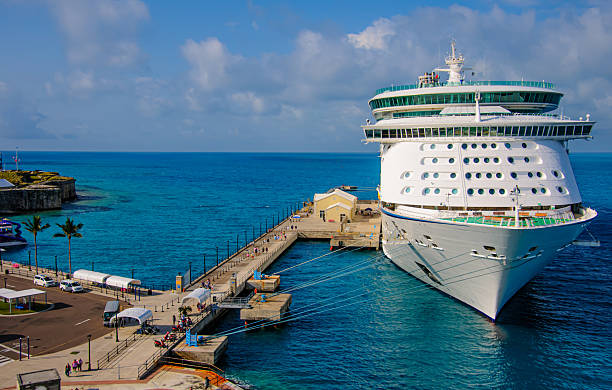 Royal Navy Dockyard, Bermuda- May 23, 2022- Strong blue nautical ropes secure the luxury Royal Caribbean cruise ship \