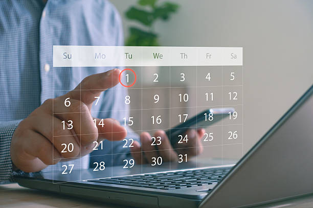 istock Businessman using laptop and smartphone touching digital calendar interface, selecting date for scheduling, event planning or time management in modern online productivity applications. 2244681963