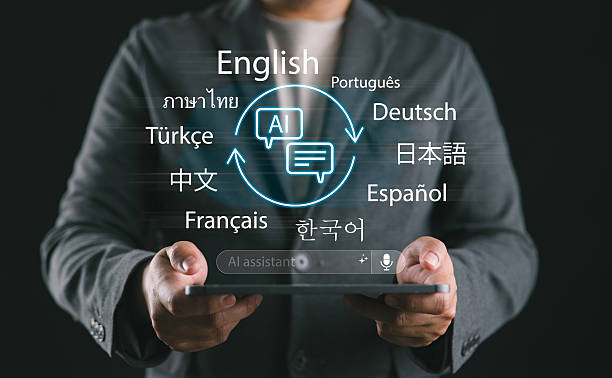 istock AI voice assistant with multilingual translation feature on tablet, symbolizing smart technology, language learning, global communication, artificial intelligence innovation. 2244682741