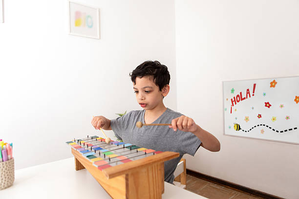 An 8-year-old Latin American boy with autism plays a xylophone and identifies colors during therapy Buenos Aires - Argentina