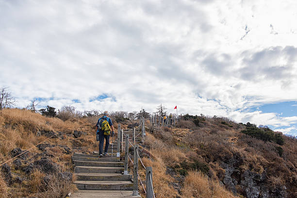 Jeju Island, Korea - November 6th 2018, Hikers Climbing up Hallasan Mountian Youngsil Trail, Jeju Island Korea 제주도 한라산 영실