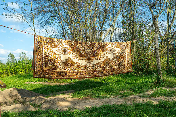 istock Machine made carpet hanging outdoors on clothesline in rural area. Synthetic decorative carpet drying in open air with geometric design and neutral colors in natural setting. 2244699235