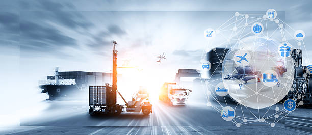 istock World map with logistic network distribution on background. Logistic and transport concept in front Logistics Industrial Container Cargo freight ship for Concept of fast or instant shipping, Online goods orders worldwide 2244699406