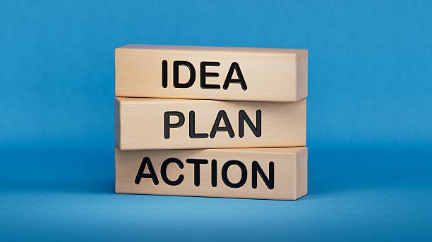 istock Idea Plan Action symbol. Wooden blocks with words Idea Plan Action.Business and Idea Plan Action concept. Copy space.3D rendering on blue background. 2244700542
