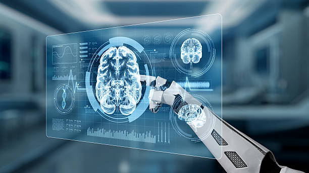 istock Close up of robotic hand pointing and tapping at brain hologram. Salubrious. 2244704365