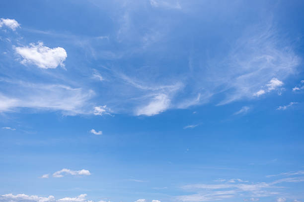 istock Panoramic view of clear blue sky and clouds, Blue sky background with tiny clouds. White fluffy clouds in the blue sky. Captivating stock photo featuring the mesmerizing beauty of the sky and clouds. 2244706499