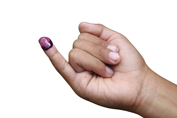 man's hand with open palm painted purple, isolated on white background