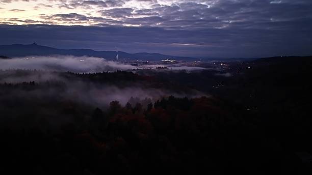 istock serene morning mist over woods, ethereal sunrise illuminating thick forest with distant town lights 2244707852