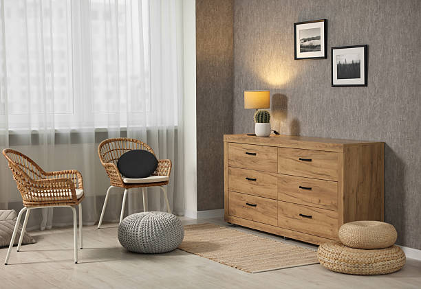 Modern Living Room with a Wooden Drawer and Arch Door. 3D Render