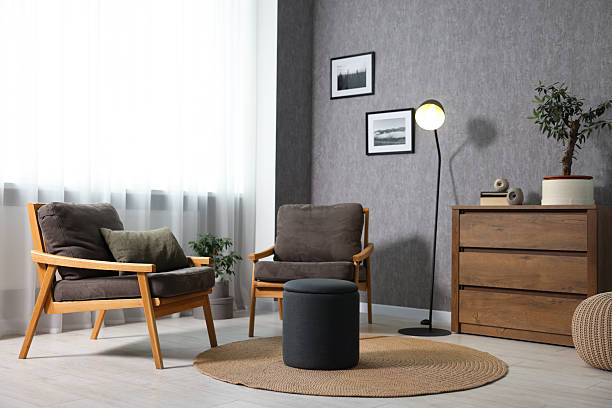 istock Home renovation. Room interior with stylish gray wallpaper on wall 2244715899