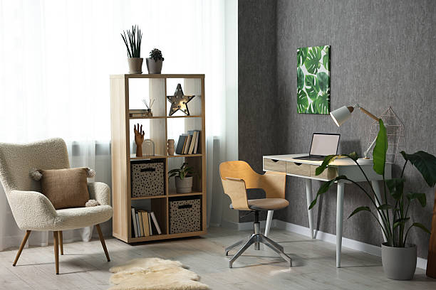 istock Home renovation. Room interior with stylish gray wallpaper on wall 2244715901
