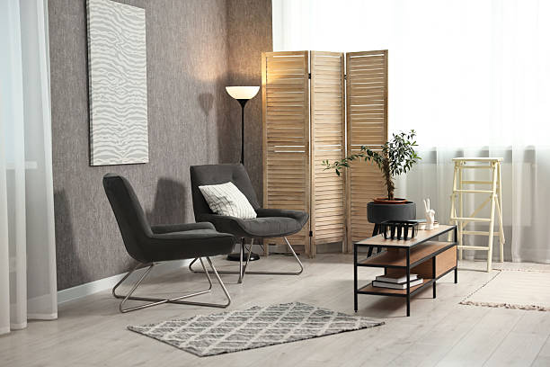 istock Home renovation. Room interior with stylish gray wallpaper on wall 2244715936