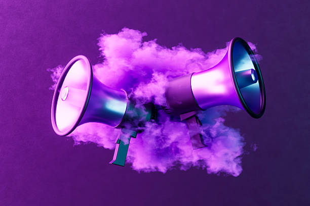 istock Black Friday Sale Megaphones with Smoke on Neon Lighting Black Background 2244716457