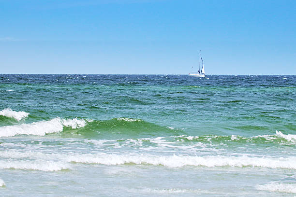 Bright summer seascape with gentle waves in the foreground and a small white sailboat on the right horizon under a clear azure sky. Calm ocean scene, minimal and refreshing atmosphere.