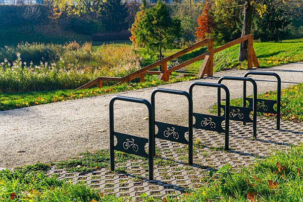 Ankara, Türkiye - October 18, 2024 : Bicycles for rent and high-rise buildings around Lake Eymir