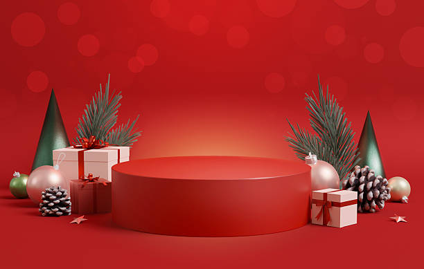 istock Christmas festive display with red podium and holiday decorations. 3D render illustration 2244724904