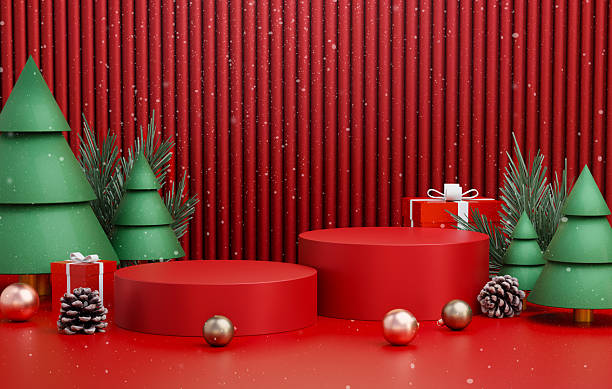istock Christmas holiday showcase featuring trees and presents. 3D render illustration 2244725043