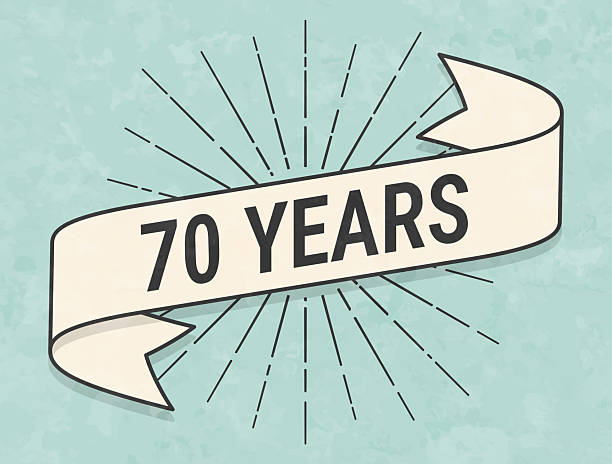 70 Years. Banner, ribbon, label in a trendy vintage style. Beautiful retro ribbon with old textured paper and sunbursts in the background. Colors used: green, blue, beige and black. The banner is beige with a black outline, the sunbursts and the text are black. The background is green-blue. Vector Illustration (EPS file, well layered and grouped). Easy to edit, manipulate, resize or colorize. Vector and Jpeg file of different sizes.