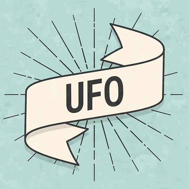 UFO - Unidentified Flying Object. Banner, ribbon, label in a trendy vintage style. Beautiful retro ribbon with old textured paper and sunbursts in the background. Colors used: green, blue, beige and black. The banner is beige with a black outline, the sunbursts and the text are black. The background is green-blue. Vector Illustration (EPS file, well layered and grouped). Easy to edit, manipulate, resize or colorize. Vector and Jpeg file of different sizes.