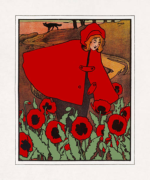Art Nouveau illustration by John Hassall depicting Little Red Riding Hood looking at a field of poppies with the wolf watching her from afar. It is based from Charles Perrault folk tale.