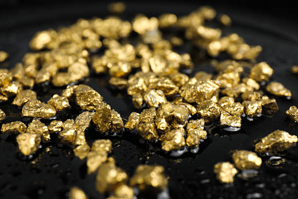 istock Gold nuggets on wet black surface, closeup 2244738539