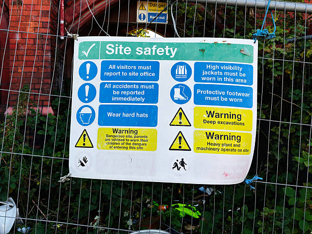 istock Site safety signs and warnings at construction site in Manchester UK 2244739004