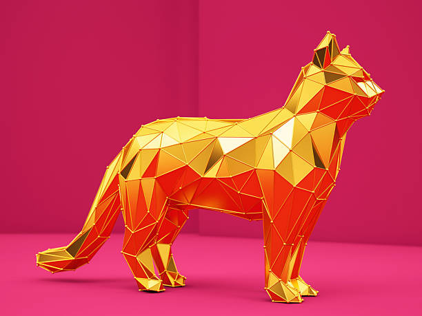 istock Low Poly Golden Cat Sculpture Standing on a Bright Pink Background 2244739822