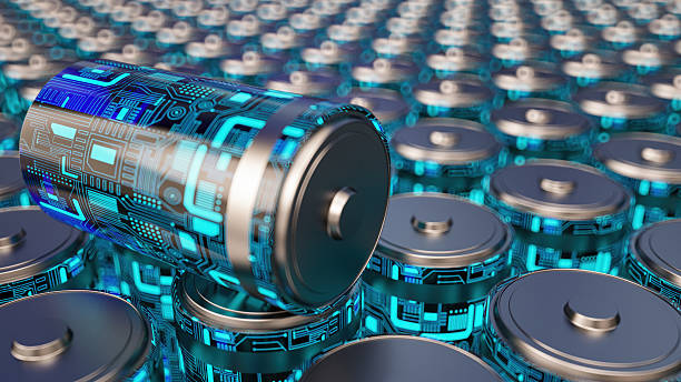 istock Futuristic Rechargeable Battery with Circuit Board Texture on Blue Background 2244740064