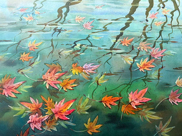 istock Maple red leaves in green water watercolor background 2244740926