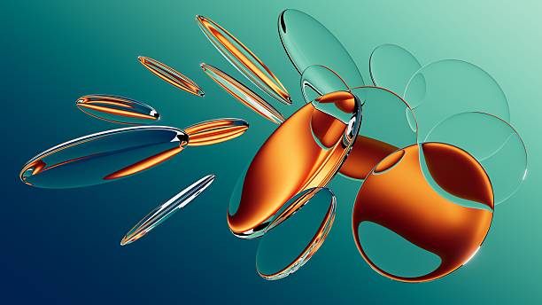 3D rendering. Abstract geometric background. Oval glass lenses scattered. Transparent oval shapes