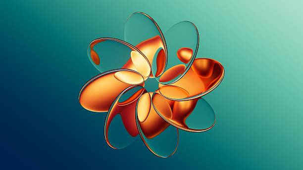 3d rendering. Abstract minimalist geometric background. Round glass lenses arranged in the shape of flower, floating against simple gradient background. Drops of liquid glass. Transparent oval scales