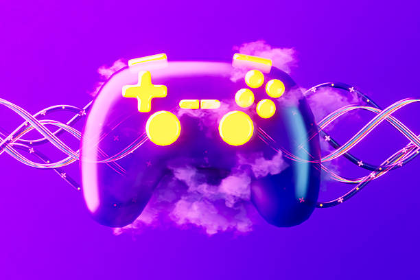 Game Controller Joystick with Fog on Neon Lighting Purple Background. Game Console or Computer Gaming. Digitally Generated Image. 3d render.