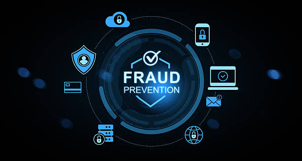 istock Futuristic fraud prevention hologram interface with cybersecurity icons and digital protection elements on dark background, glowing blue concept illustration. 3D Rendering 2244741260