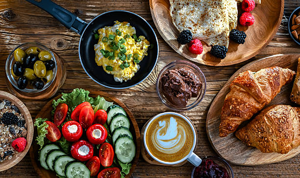 istock Breakfast served with coffee, eggs, cereals and croissants 2244741498