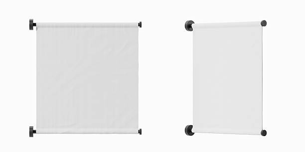 istock Blank hanging banner mockup template with metal holders shown from front and angled side view on white background for branding or ad concept. 3D Rendering 2244742147