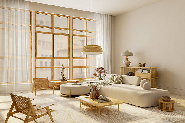istock Wide angle minimalist living room interior with large window, cozy sofa and negative space for text, modern Japandi home aesthetic. 3D illustration 2244745407