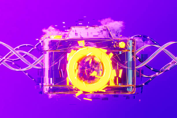 istock Vintage Camera with Cloud on Neon Lighting Purple Background 2244749123