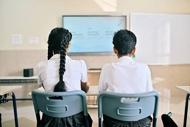 Rear view of an Indian schoolgirl with braided hair and a schoolboy in uniform sitting side by side, attentively looking at a classroom smart board displaying a mindfulness or breathing techniques lesson. Concept of modern education, student well-being, and digital learning in school.