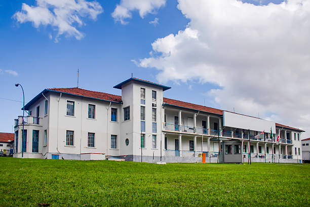 Panoramic view of the front of an old hospital, 1917, two floors, balconies, windows, well preserved, foreground, well-maintained green lawn, background, blue sky, some clouds