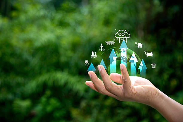 istock NET ZERO concept, Hand holding a globe with upward arrows and icons representing renewable energy, CO2 reduction, and sustainable technologies, against a natural green background. 2244752851
