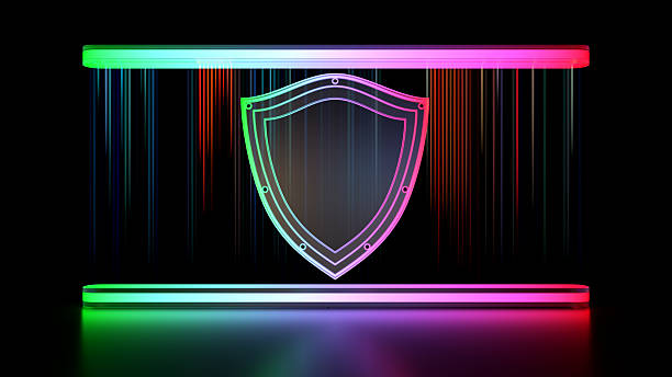 istock Digital shield icon on neon light background.  VPN sign, digital technologies, cybersecurity, and data protection 2244754081