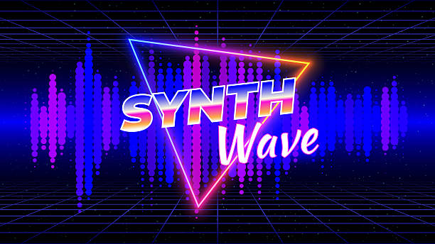Retro futuristic abstract background. Synthwave 80s style poster. Music template. Neon triangle, 3d laser grid, audio signal waveform. Wireframe, mesh floor. Starry sky background. Vector