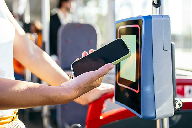 istock Woman paying bus fare using smartphone and contactless technology 2244754141