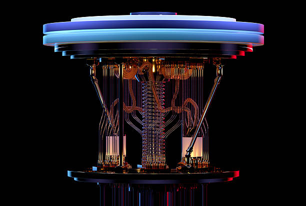 quantencomputing-prozessor mit supraleitender architektur und kühlsystem - quanteninformatik stock-fotos und bilder