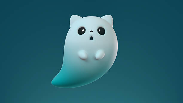 3d illustration cute cartoon turquoise ghost cat floating in the air on blue background. Concept art flying kawaii ghost character with open mouth, cat ears and big black eyes. Happy Halloween holiday