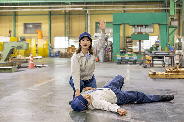 istock Asian worker injured and collapsed in factory (rescue training) 2244758171