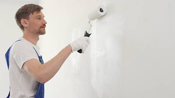 istock Middle aged male professional painter wearing blue overall, is carefully rolling white paint on wall, creating uniform surface during interior home improvement project 2244758910