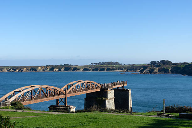 This image showcases the historic O Cargadoiro (Mineral Loading Dock), an outstanding example of Industrial Architecture and engineering located in the coastal town of Ribadeo, Lugo, Galicia, Spain. Built in the early 20th century (c. 1905), the structure features a robust iron truss bridge supported by stone piers, which historically served to load iron ore onto ships in the Ribadeo Ría. This view, taken from a scenic coastal park with well-maintained green grass in the foreground, emphasizes the structure's status as a local landmark. The bridge is officially designated as a Bien de Interés Cultural (BIC), confirming its significance as a historical monument set against the rugged Galician coastline