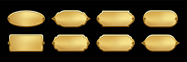 Blank golden metal nameplate plaques in various vintage shapes with decorative edges and screw holes. Metallic gold labels for engraving, signage, awards, door signs. Realistic vector illustration.